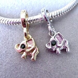 2 PCs Elephant Dangle Charm Green Crystal Eye fits PANDORA Gold Silver